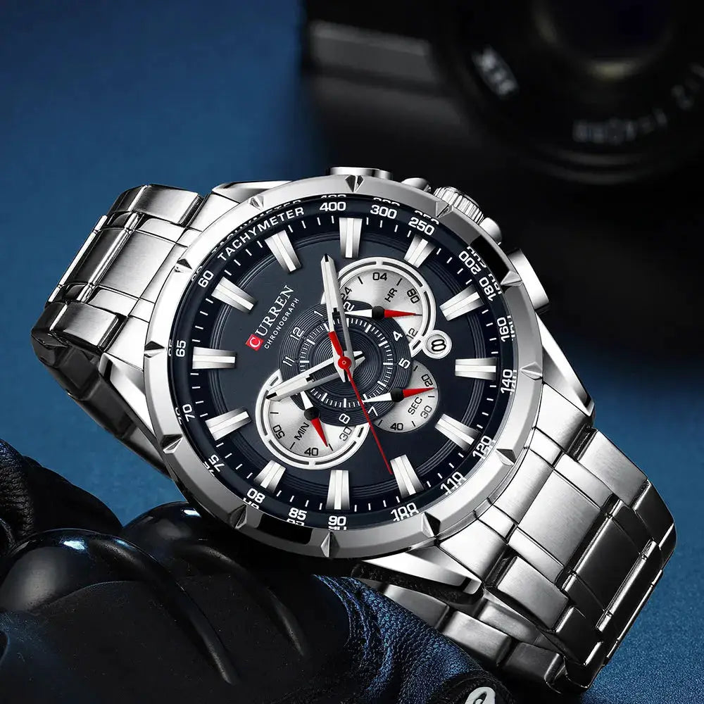 CURREN men's chronograph watch with stainless steel bracelet, blue dial and tachymeter bezel