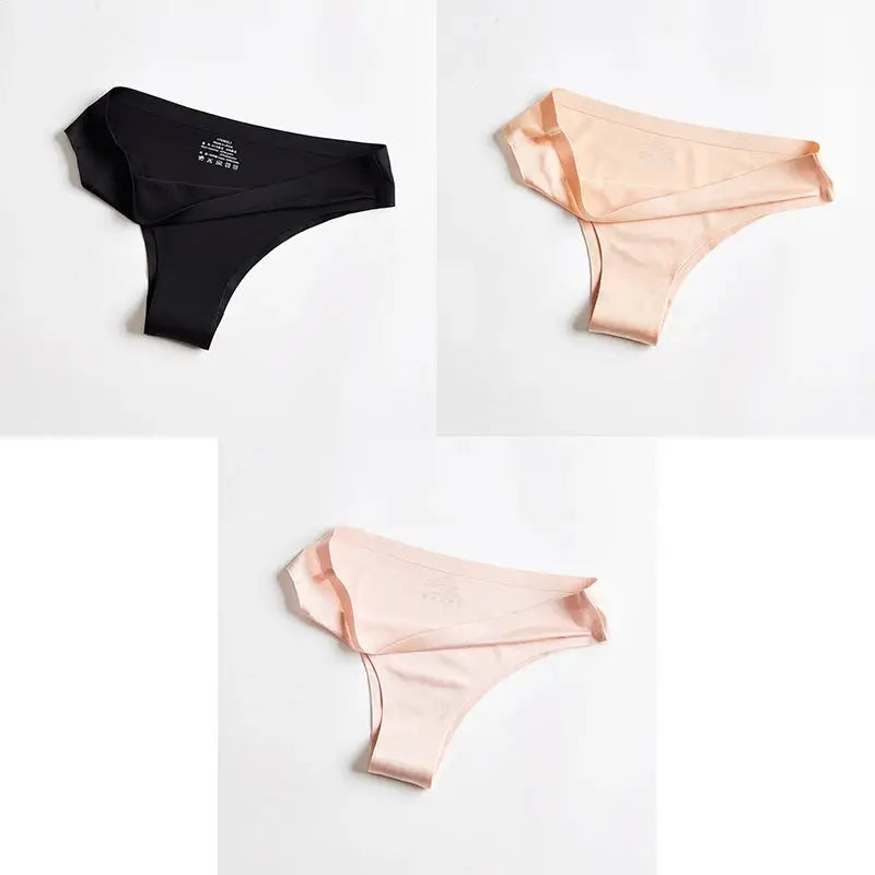 Simples Market ice silk seamless women's thong underwear set in black, nude, and blush pink; three-piece.
