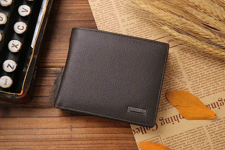 Simples Market men's genuine leather wallet, dark brown short style with card slots and coin pocket.