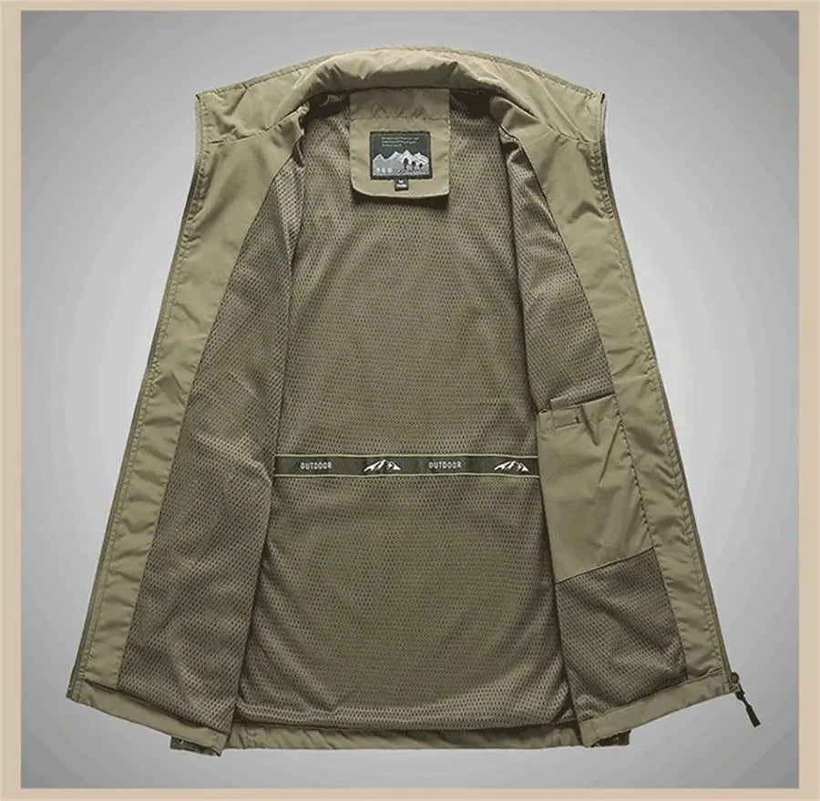 Men's olive-green outdoor waistcoat with breathable mesh lining