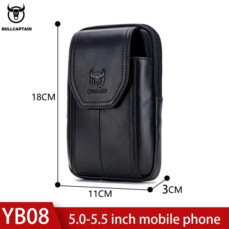 BullCaptain men's black leather waist bag with logo; compact belt pouch for phone and money (18x11x3 cm)