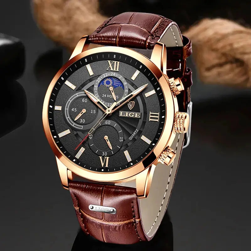 LIGE men's luxury watch with brown leather strap and rose gold case.