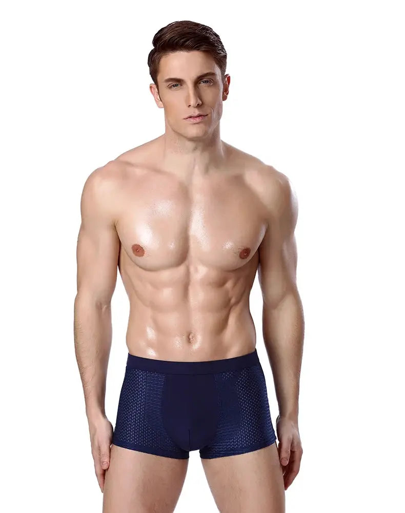 Men's bamboo fiber boxer briefs, navy blue, breathable with perforated mesh pattern