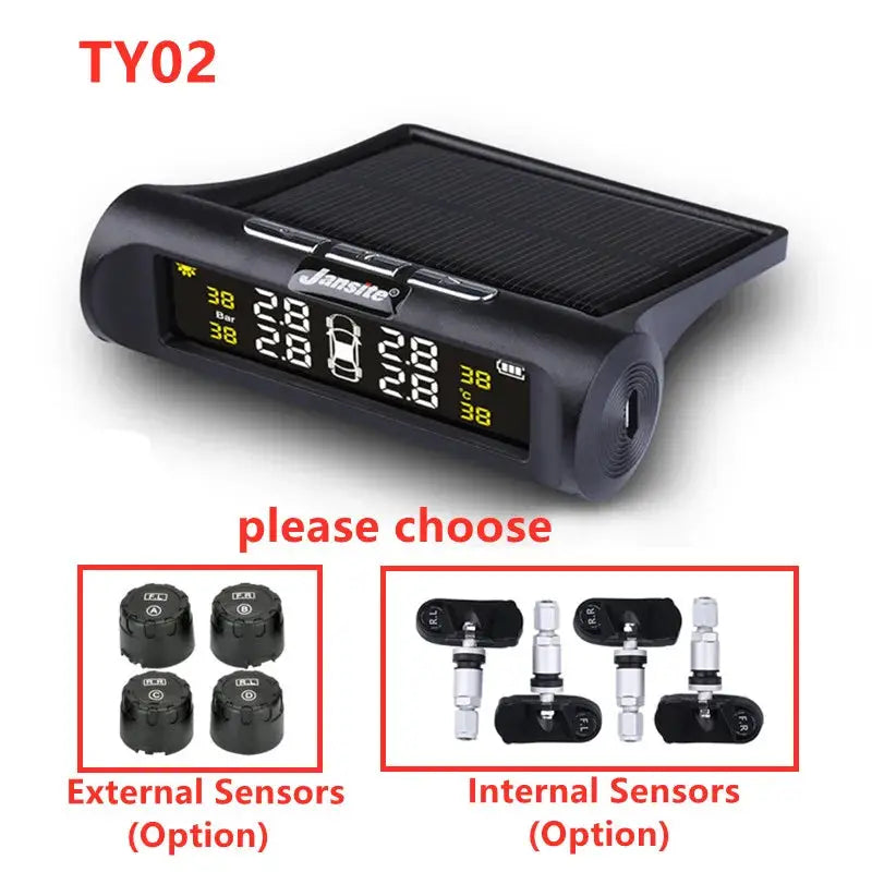 Car TPMS wireless display unit; Simples Market, black with solar panel; 4 external sensors or internal sensor kit