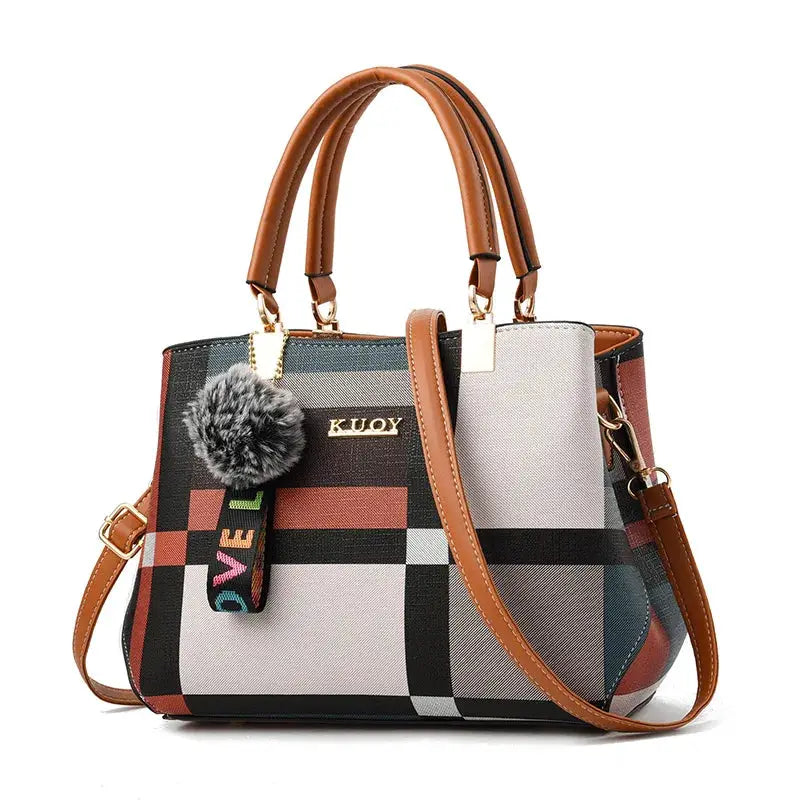 KUOY PU leather plaid designer handbag by Simples Market; brown top handles, crossbody strap, fur pom-pom