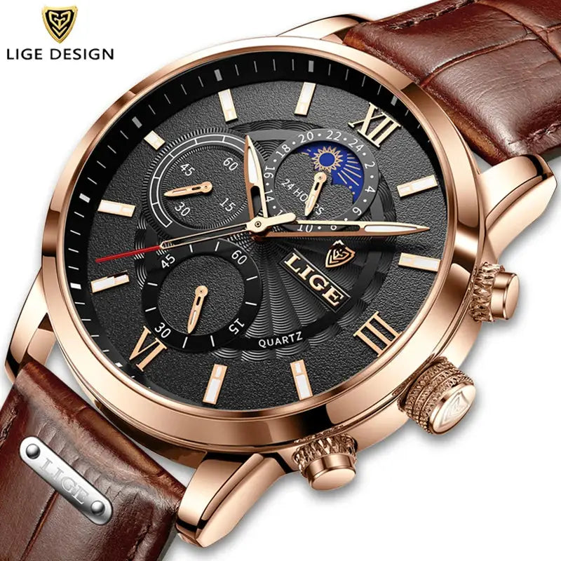 LIGE men's watch with rose gold case, black dial and brown leather strap