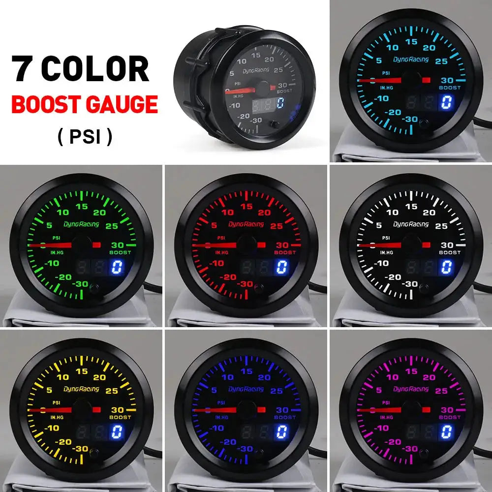 DynRacing 2-inch 52mm 7-color LED dual-display boost gauge with PSI, water/oil temp, oil pressure, voltmeter, AFR, EGT