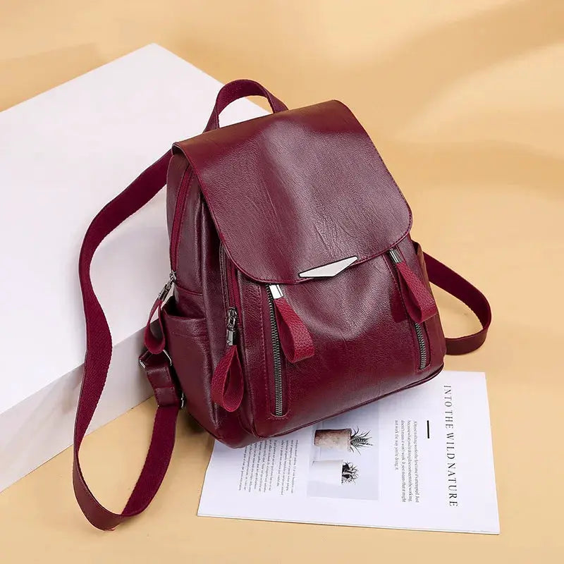 Yogodlns Luxury PU leather backpack for women, burgundy with double zippers, large capacity, adjustable straps