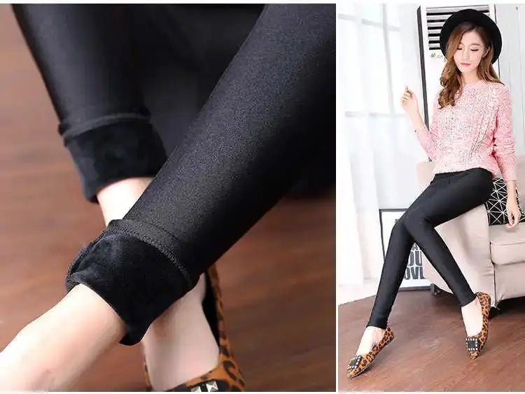 Leggings, black shiny high-waisted fleece-lined, autumn/winter slim fit; worn with leopard-print flats.