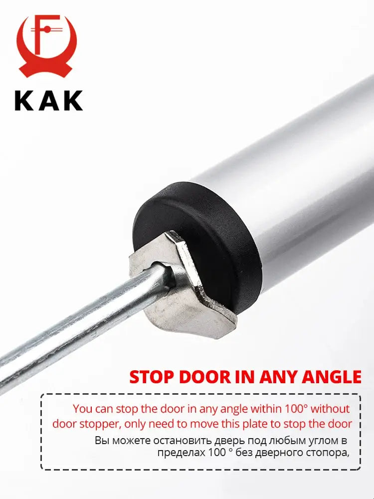 KAK door closer hardware: silver pneumatic cylinder with black seal and metal rod; KAK logo visible.