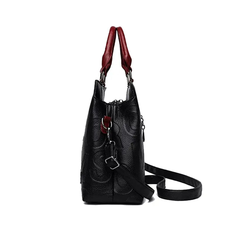 Simples Market PU leather crossbody bag for women, black with red handles, detachable strap, large capacity.