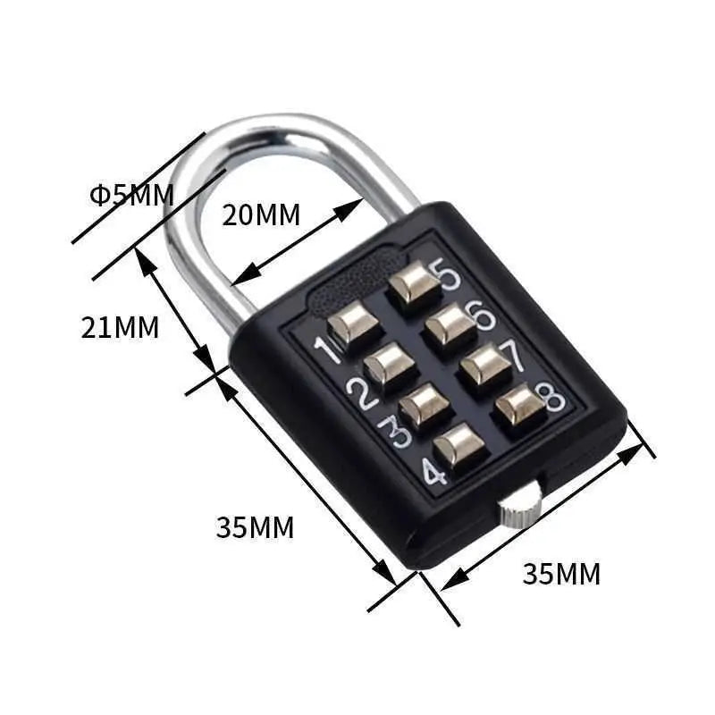 8-digit combo padlock with zinc alloy body and metal shackle, black luggage travel lock