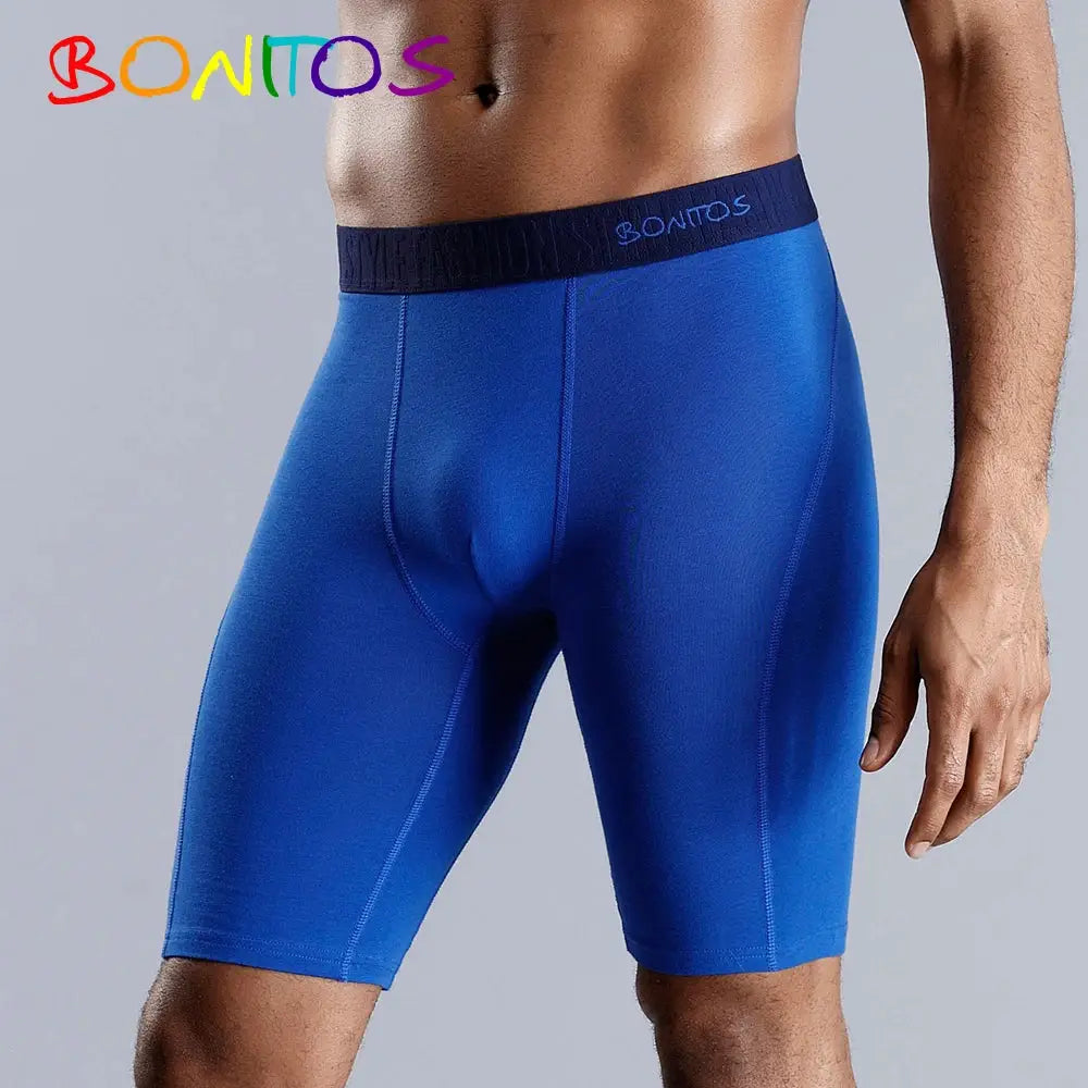 BONITOS men's long-leg cotton boxer shorts in blue with black waistband