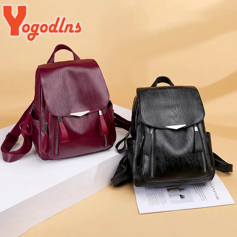 Yogodlns PU leather backpack pair in burgundy and black with double zippers and large capacity