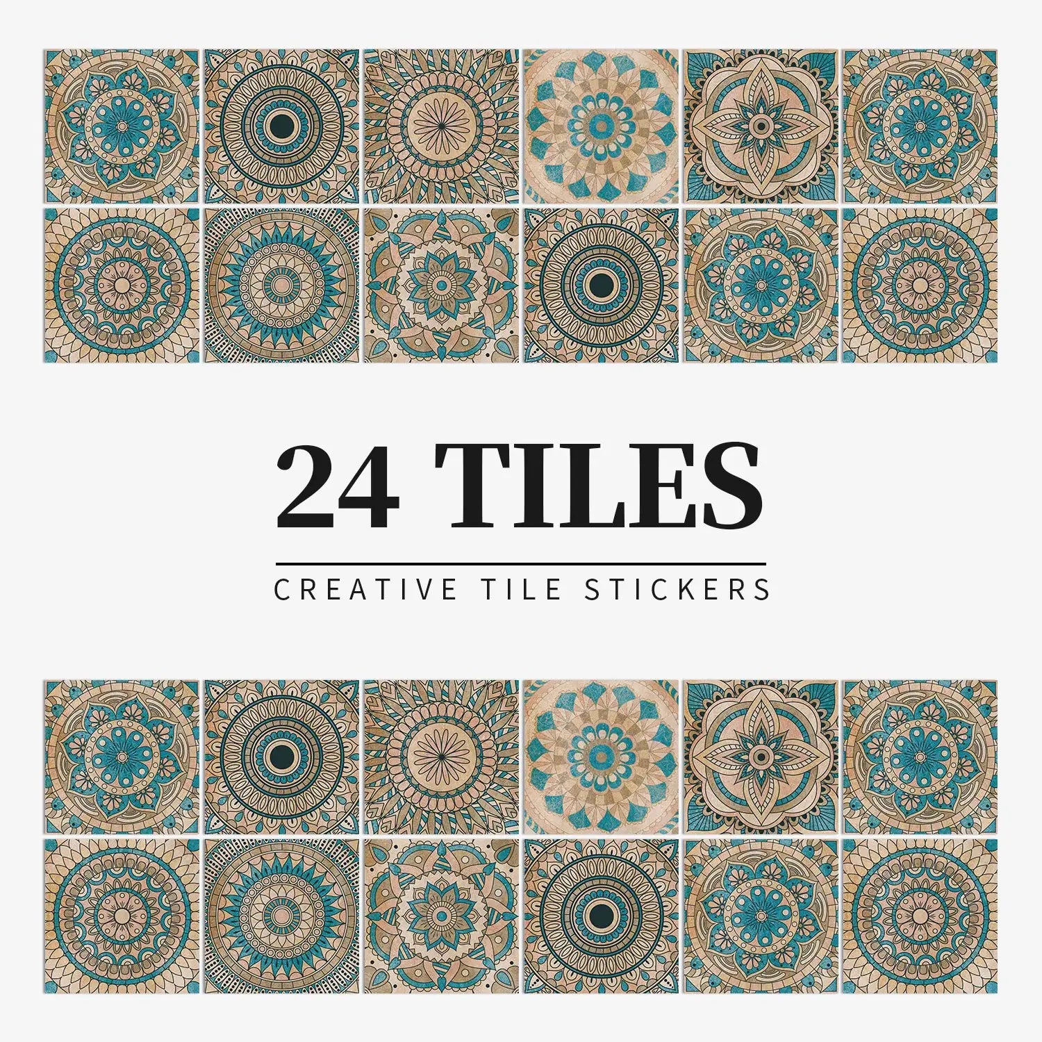 24-tile sticker set featuring turquoise and beige mandala patterns for walls; waterproof, self-adhesive wall decals