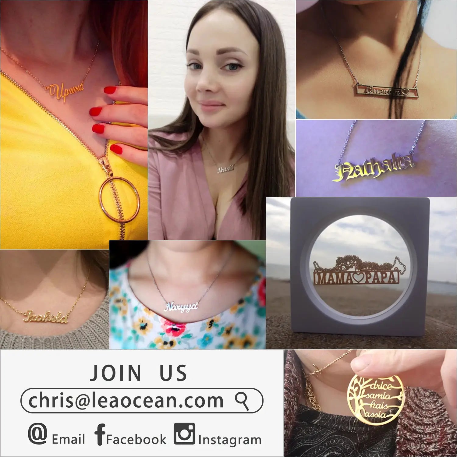 Custom name jewelry collage: twist hoop earrings and name necklaces in gold-tone, gift-ready