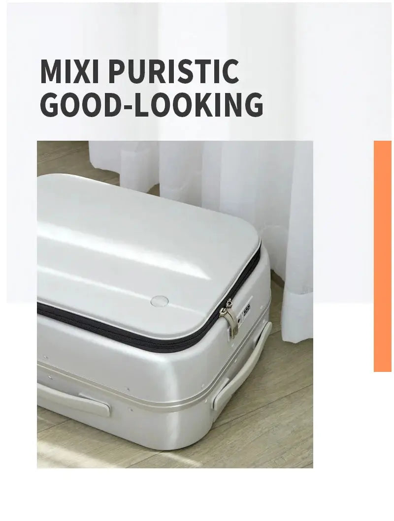 Mixi aluminum-frame carry-on suitcase, silver hard-shell rolling luggage with black zipper.
