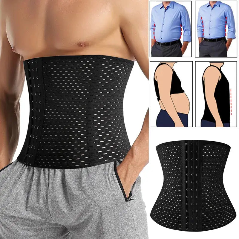 Waist Trainer Shapers Corset for Men by Simples Market, black perforated abdominal shaper with multiple hook closures