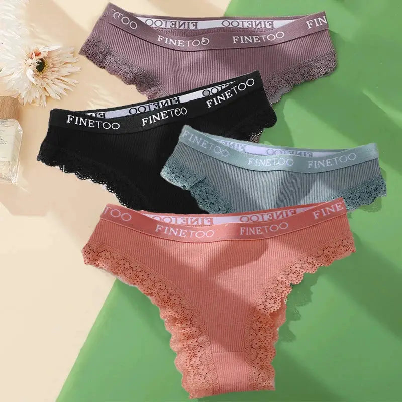 Cotton lace panties set by Finetoo, five seamless Brazilian briefs in purple, black, teal, pink, peach