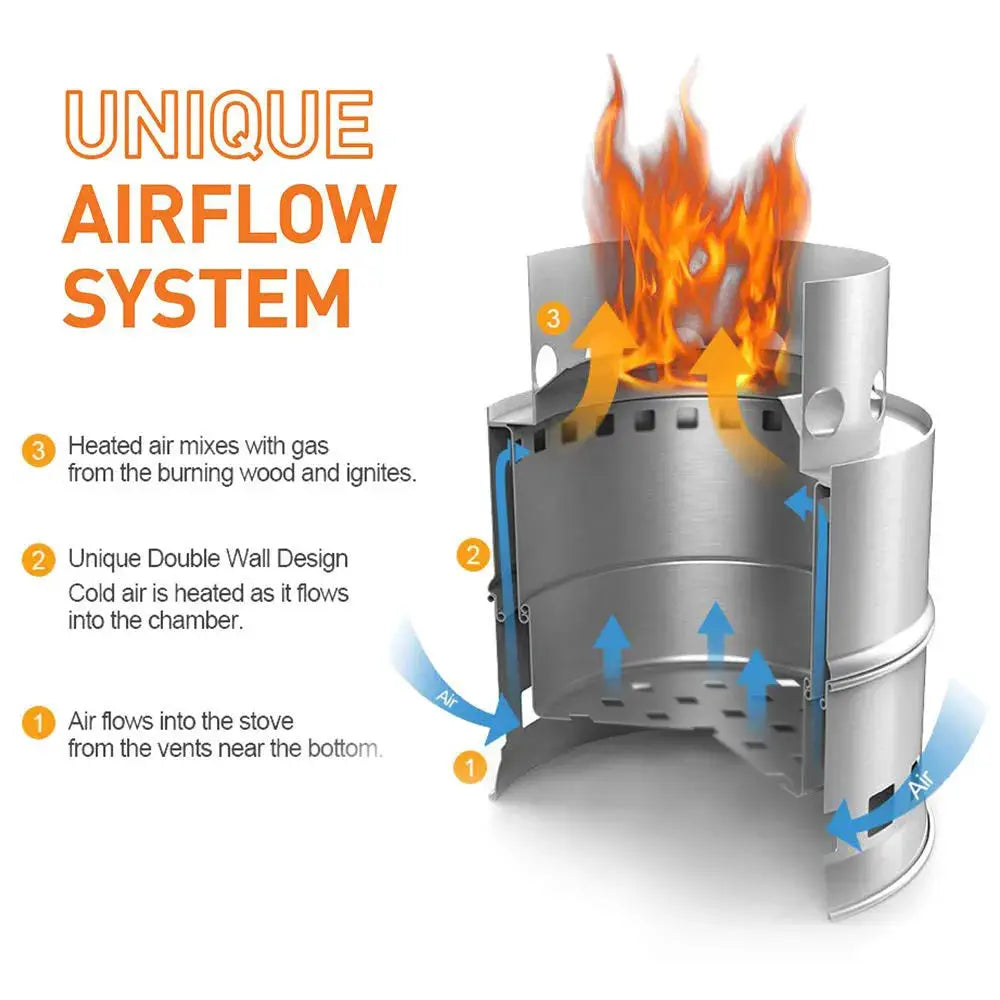Portable stainless steel camping stove with wood-burning design and airflow system