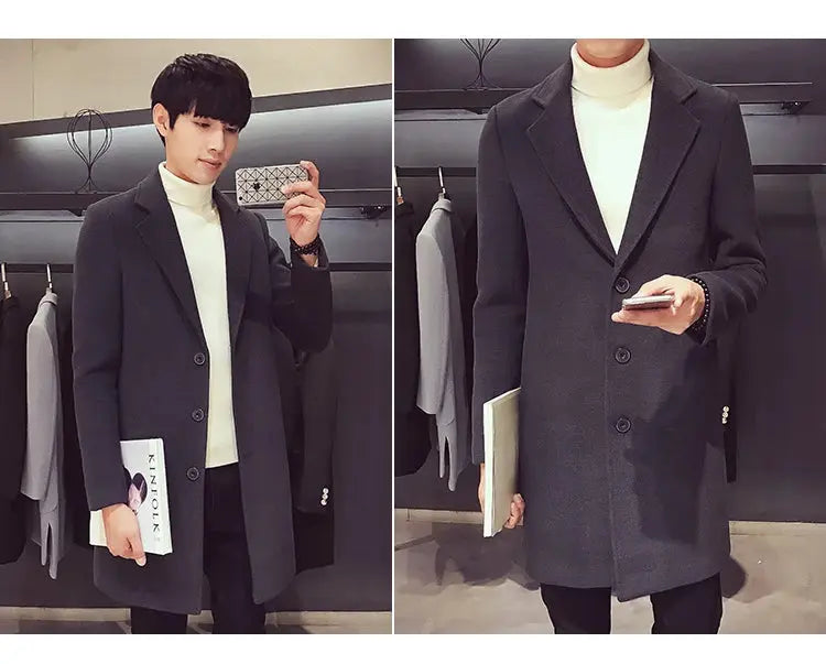 Men's long wool-blend coat in dark gray, casual business style.