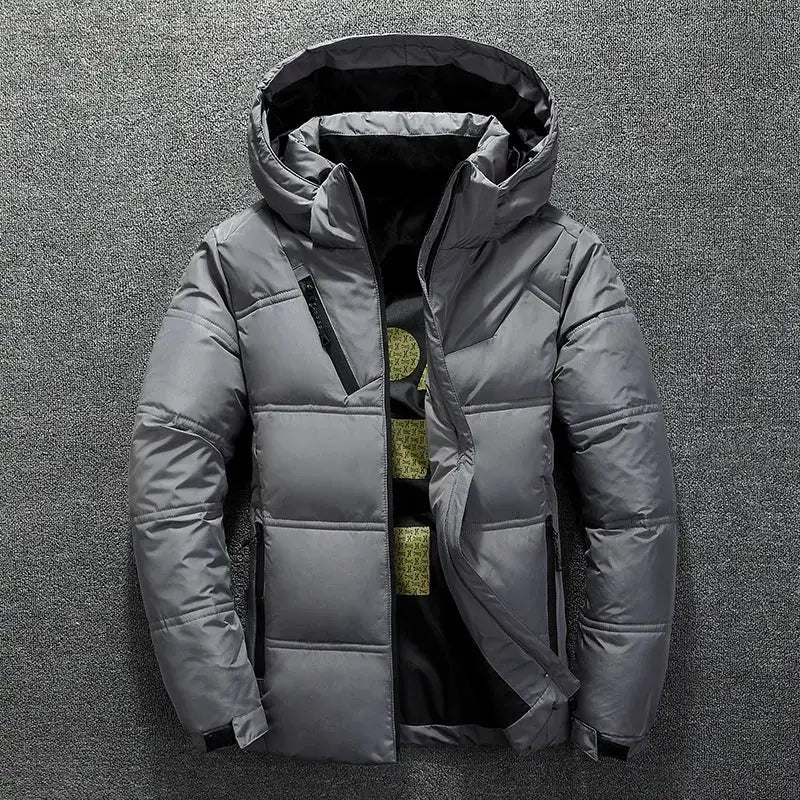 Men's gray hooded duck-down jacket, thick quilted winter parka