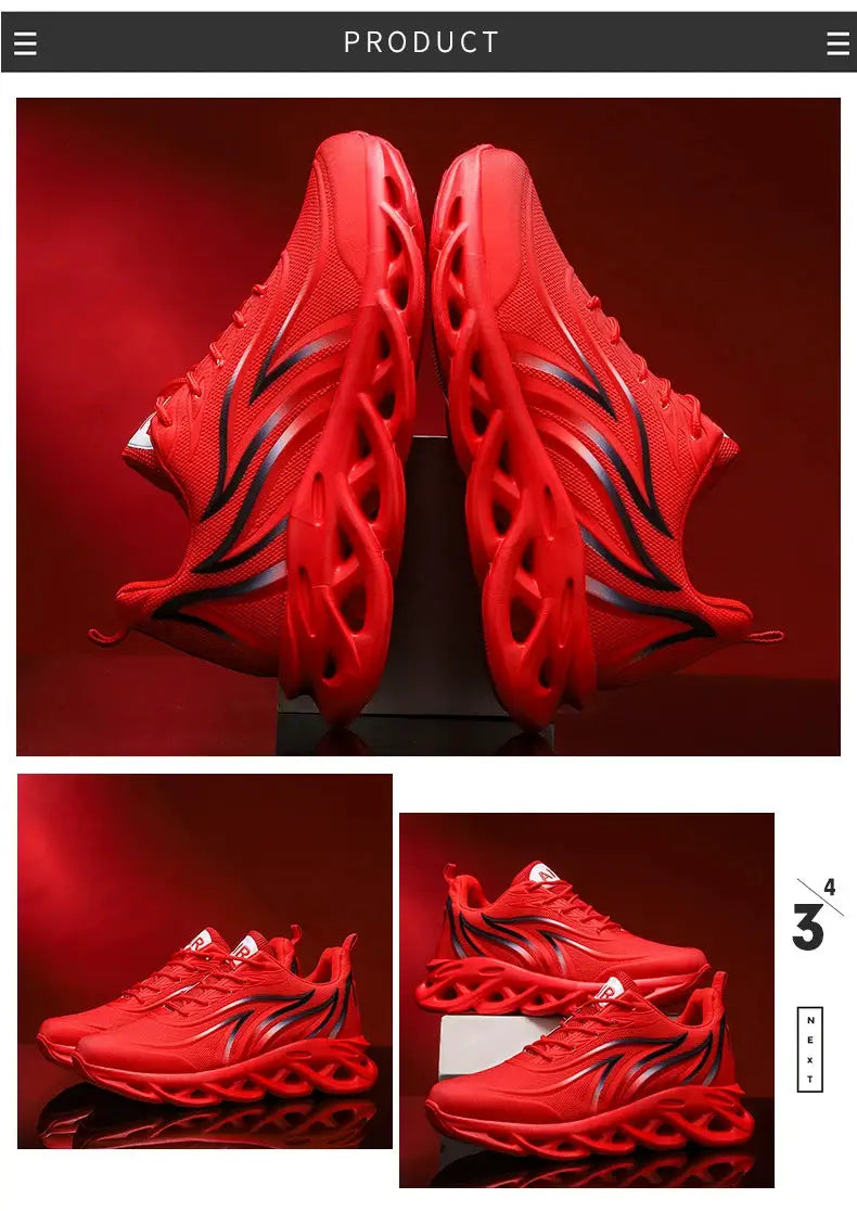 Social Shoe red mesh breathable running shoes for men, lightweight outdoor sports footwear, shown from multiple angles.