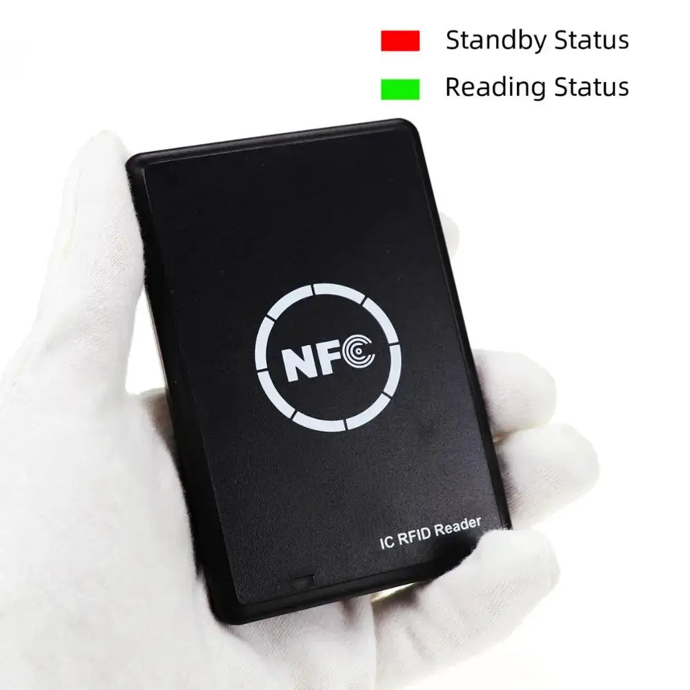 Black handheld IC RFID reader with NFC logo and IC RFID Reader label