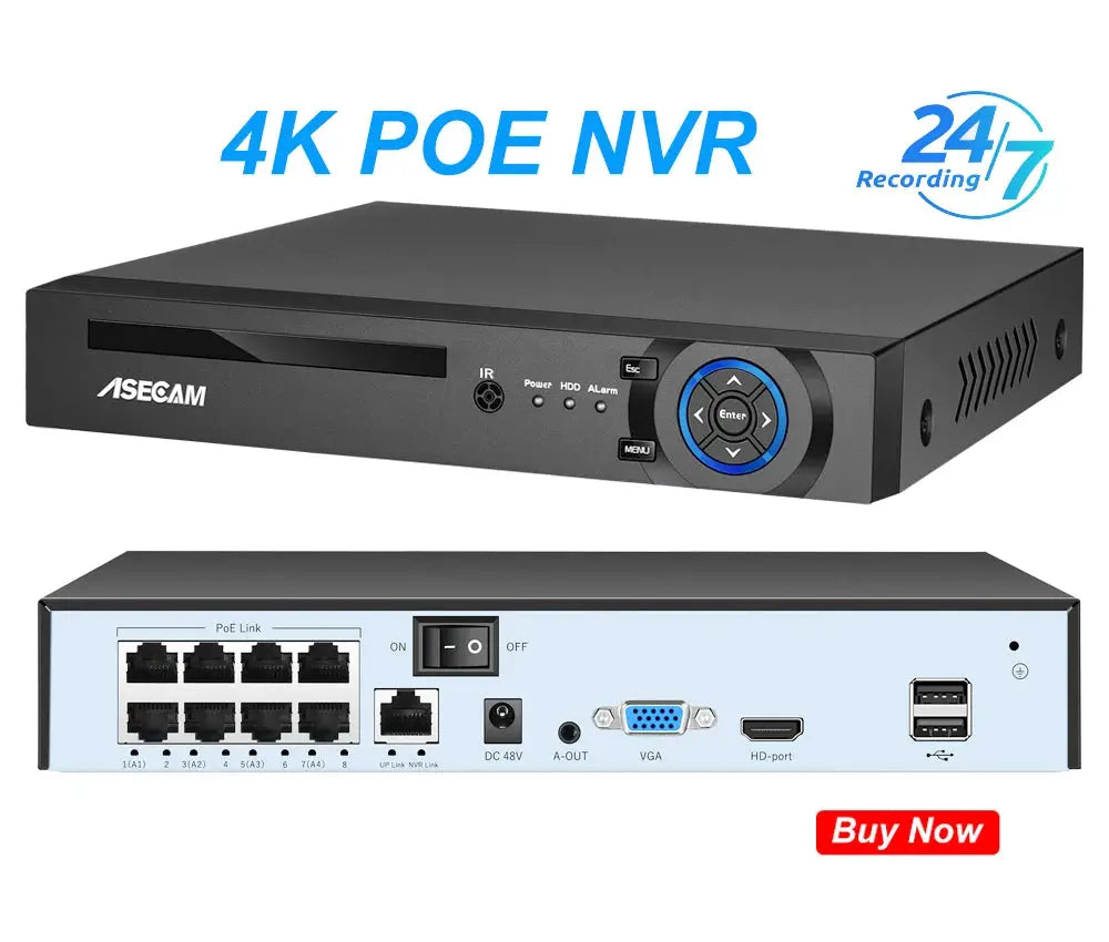ASECAM 4K POE NVR network video recorder with front blue-ring control dial and back PoE ports