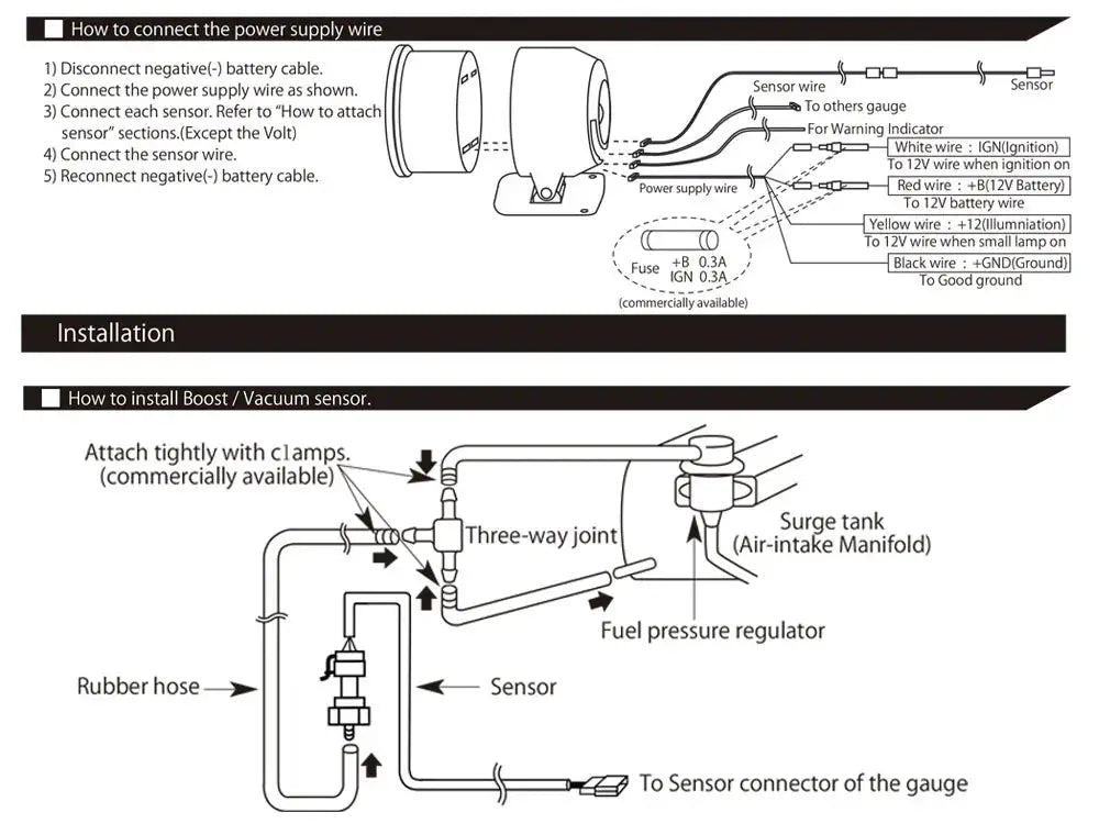 Simples Market Universal Auto 12V 52mm gauge wiring diagram for oil pressure, water temp, EGT, turbo boost.