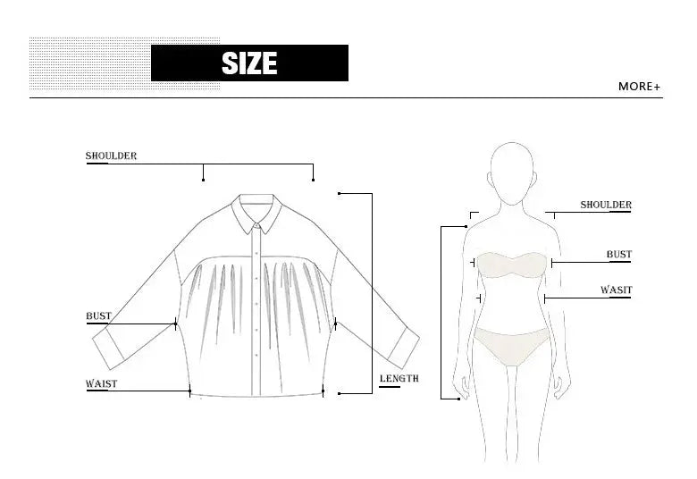 Women's oversized white shirt long-sleeve button-up size guide illustration