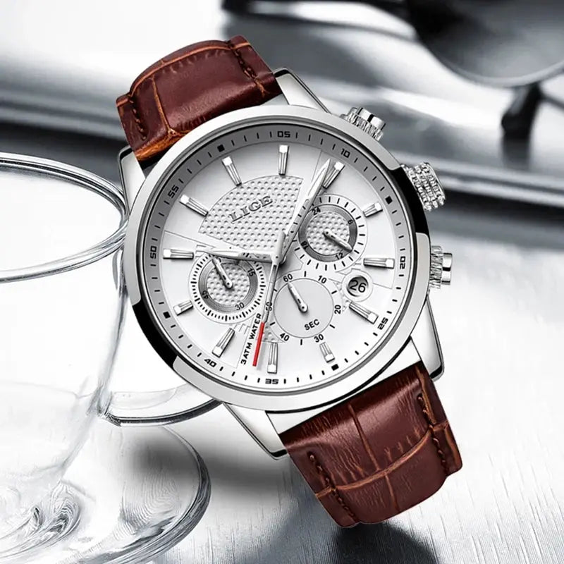 LIGE 2025 Mens Fashion Sports Quartz Watch Leather Strap Waterproof Date Stainless Steel Case