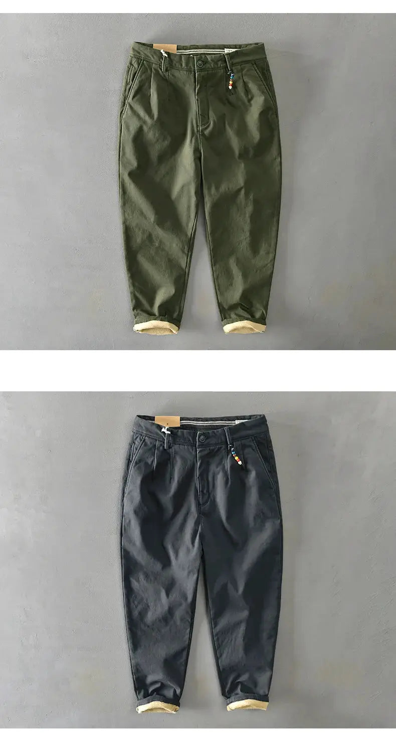HIQOR 2025 men's winter pants; cotton, loose safari style in khaki army green and navy, fleece-lined cuffs
