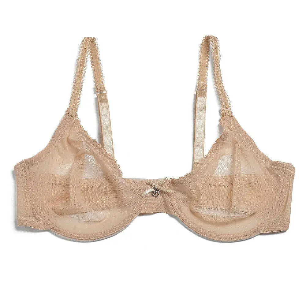 Beige lace mesh bra with sheer unlined cups, scalloped trim, and adjustable straps
