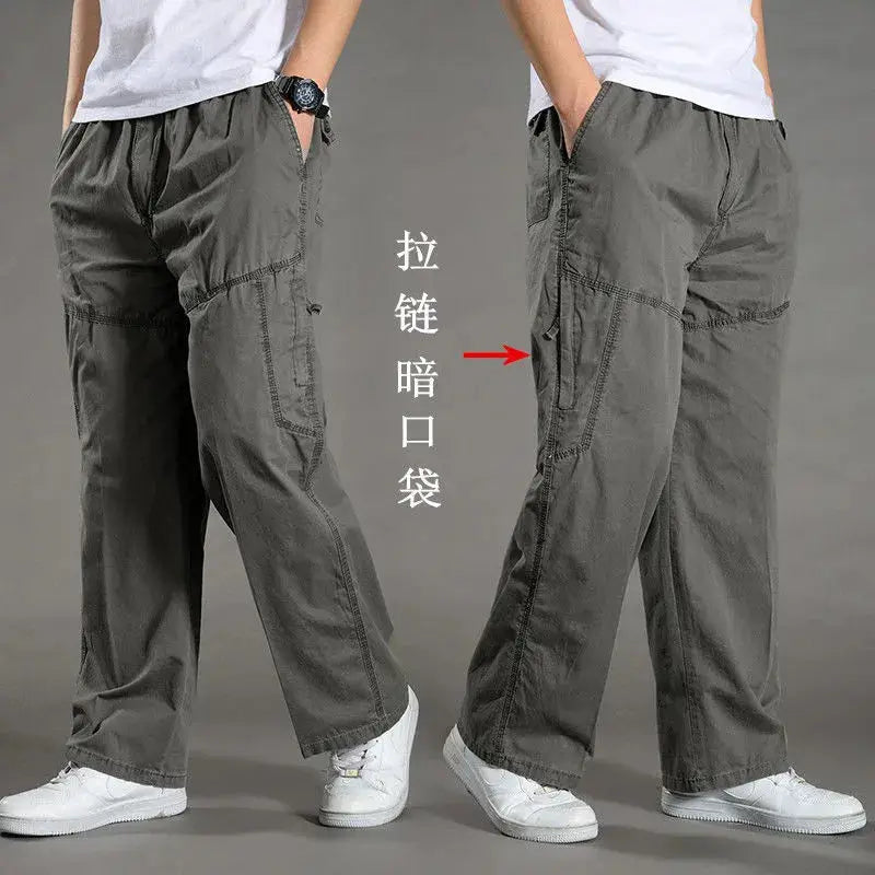 Men's cargo pants by Simples Market, grey cotton workwear joggers with cargo pockets and hidden zip pocket, size 6XL