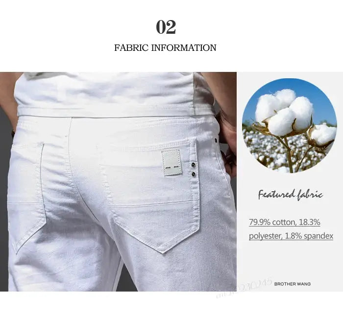 Men's white jeans by Simples Market, cotton blend with stretch, slim fit casual pants.