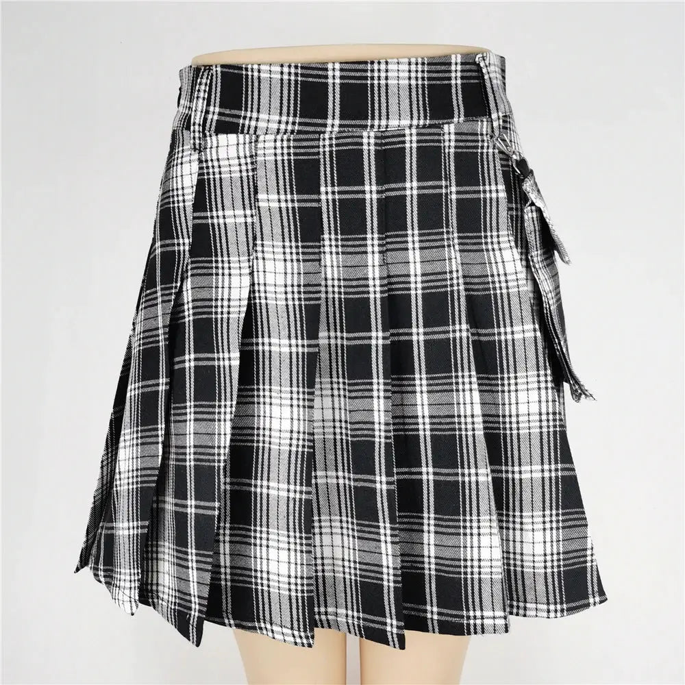 Harajuku punk plaid mini skirt, black and white check, high-waist with side tie detail Simples Market