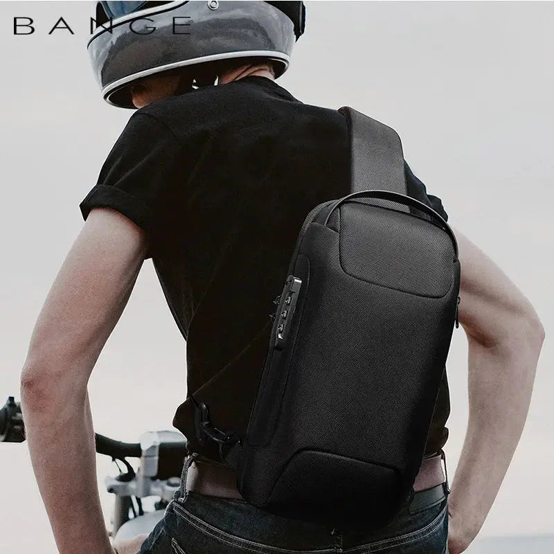 BANGE anti-theft crossbody bag, black waterproof men's shoulder pack with USB charging