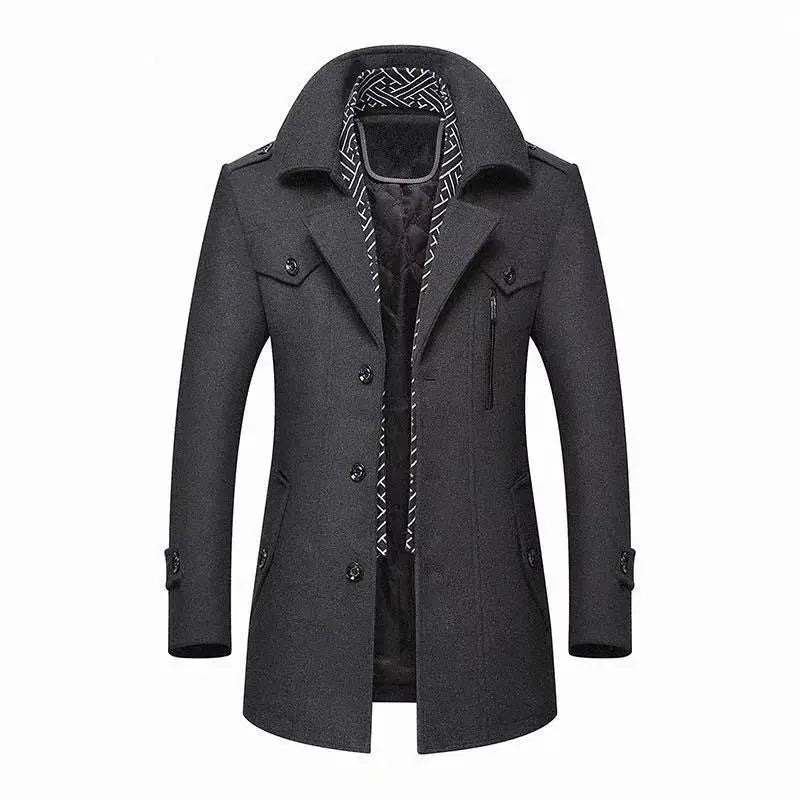 Winter men's dark gray wool coat, mid-length trench style with double-breasted buttons and patterned lining