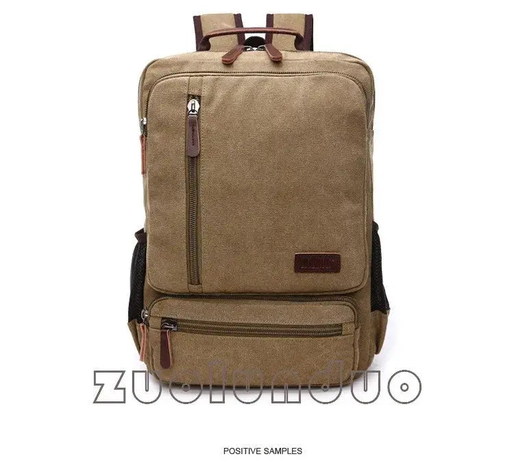Vintage tan canvas backpack for men with multiple zip pockets and laptop compartment by Simples Market