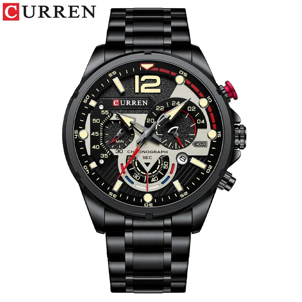 Curren black stainless steel chronograph wristwatch for men with multi-dial face and red crown button