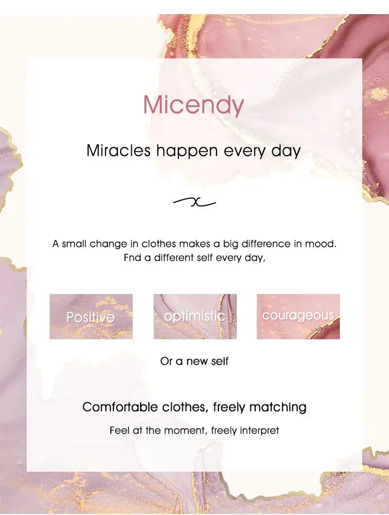 Micendy promotional poster on pink marble background with white panel and inspirational quotes