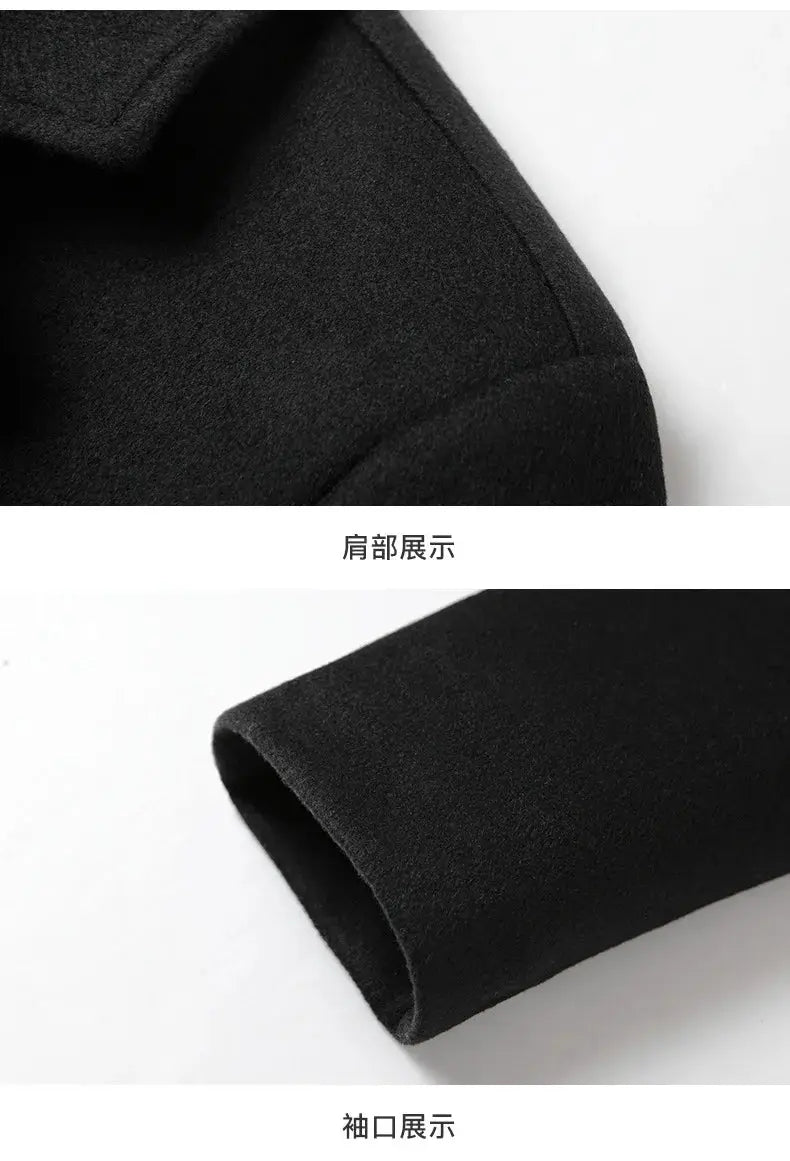 Men's black wool-blend winter coat by Simples Market; trench-style, thick fabric with shoulder and sleeve details.