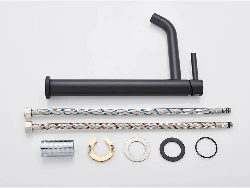 Simples Market black basin faucet with two braided hoses and mounting hardware
