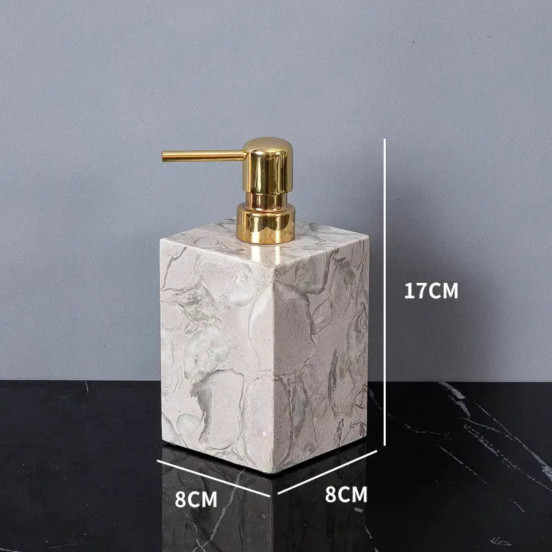 Simples Market marble soap dispenser with gold pump, square 8x8 cm base, 17 cm tall