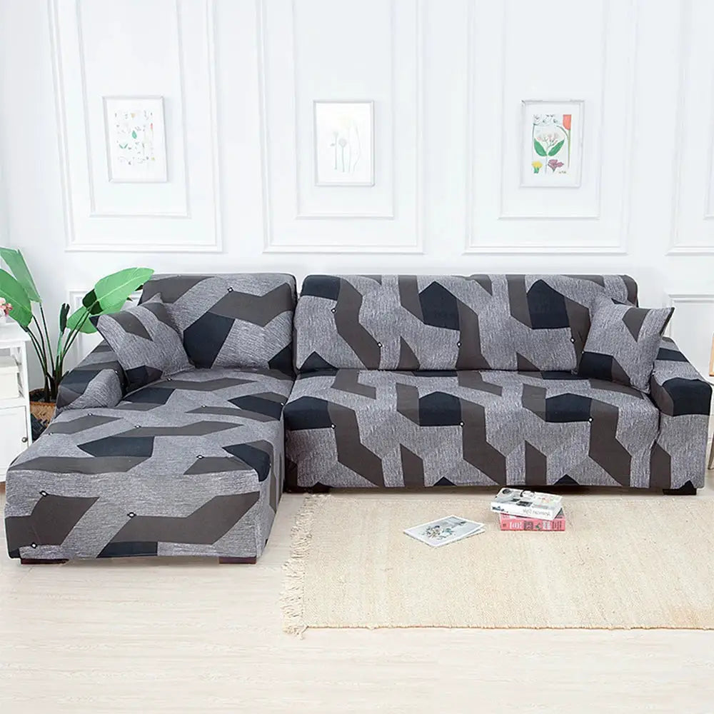 L-shaped sofa slipcover in grey geometric print; elastic couch cover for 1–4-seat corner sofa.