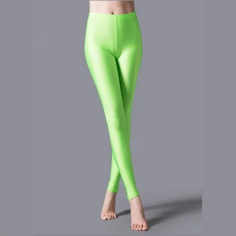 Women's shiny neon green leggings by Simples Market, fluorescent stretch spandex with high elasticity for casual wear