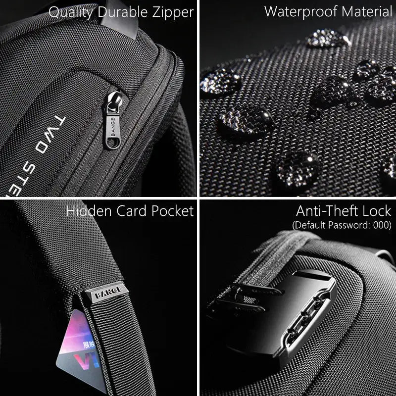 BANGE Hot Chest Bag crossbody, black waterproof nylon with anti-theft lock and hidden card pocket