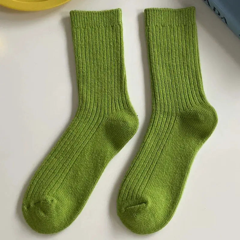 CHAOZHU Thick Warm Merino Wool Rib Socks For Women Solid Colors Loose Fit Japanese Korea Fashion Winter