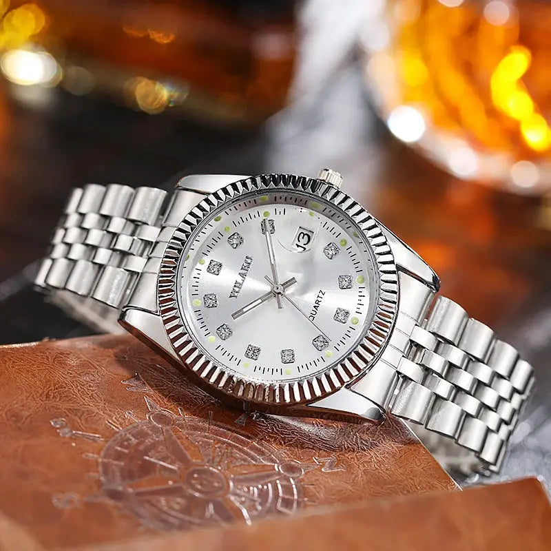 Luxury Mens Full Steel Quartz Wristwatch With Date Golden Finish Timeless Brand Timepiece